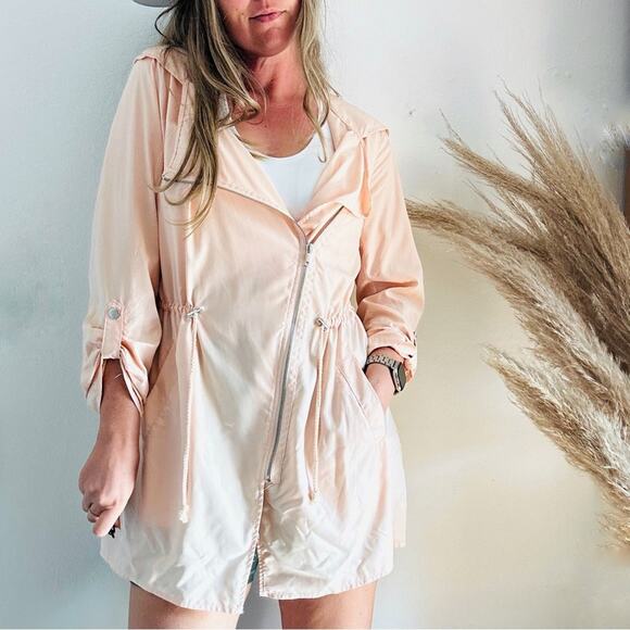 F21 FOREVER 21 Peach Pink Offset Zipper Light Hooded Anorak Trench Coat Jacket L - Picture 2 of 11